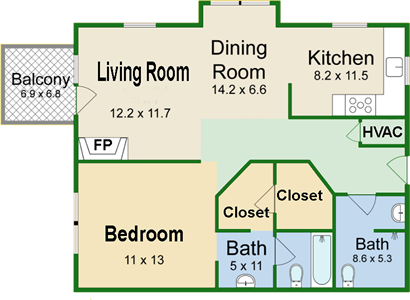Floor plan for Snead: 1 Bed/2 Bath 720 Sq Ft