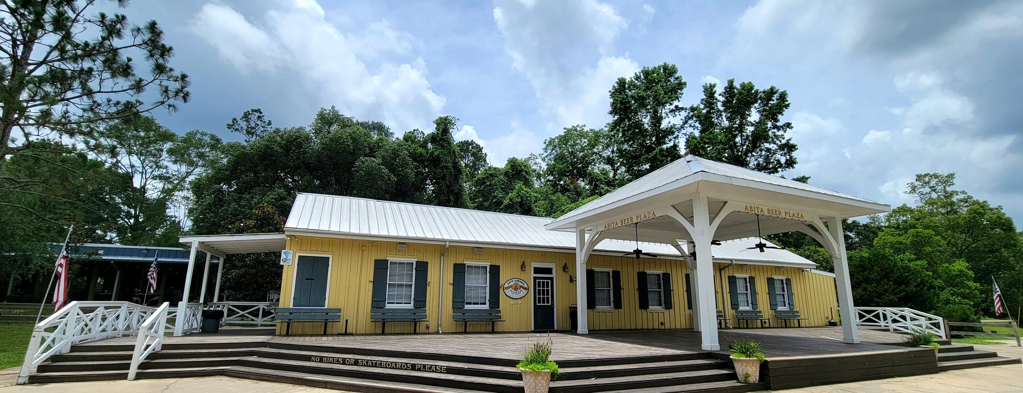 The historic Abita Springs Trailhead Museum and Abita Beer Plaza in downtown Abita Springs
