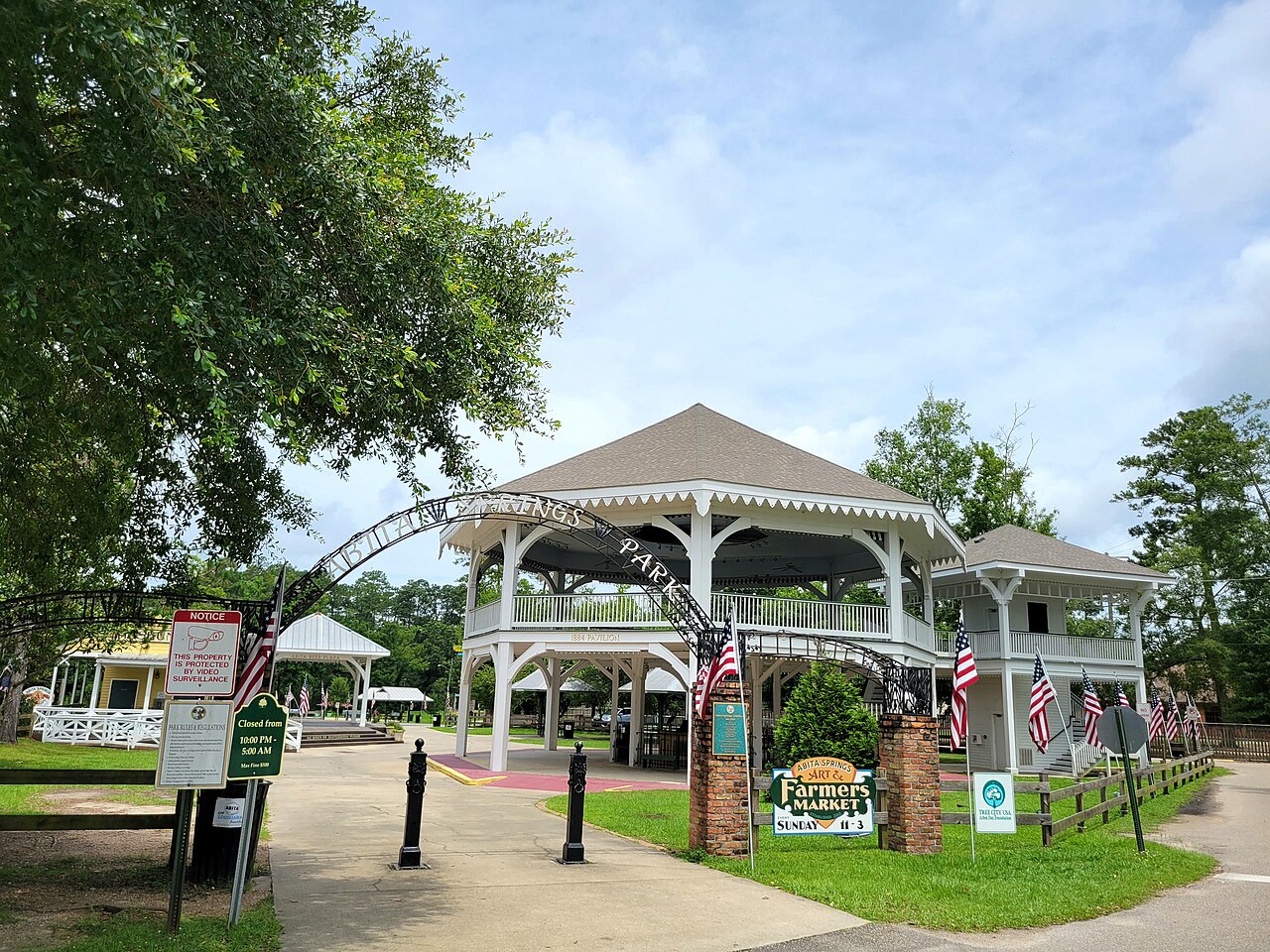 The 1884 Pavilion and Abita Springs Park archway on the town square